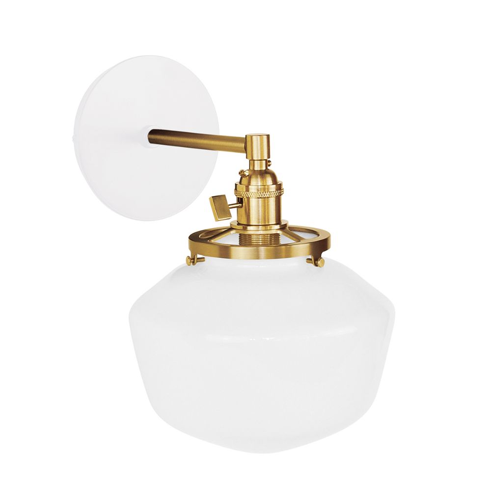 Montclair Lightworks SCM413-44-91 Uno 8" wall sconce, with Schoolhouse glass shade,  White with Brushed Brass hardware